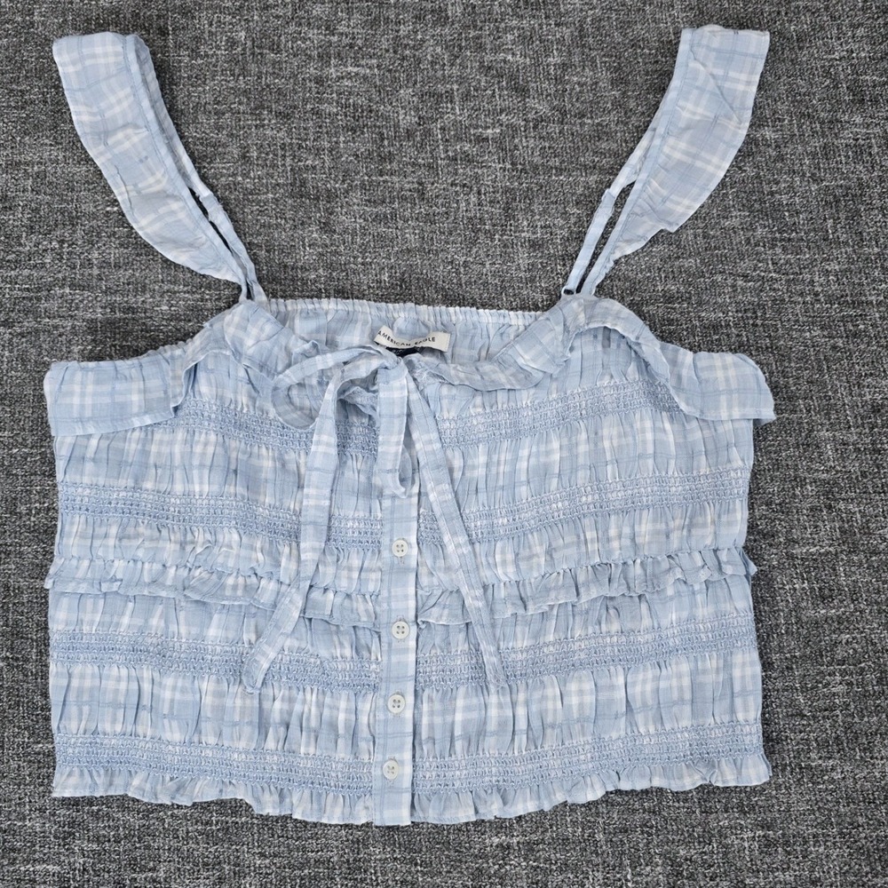 American Eagle Plaid Smocked Ruffle Crop Top Blue White Small NWT